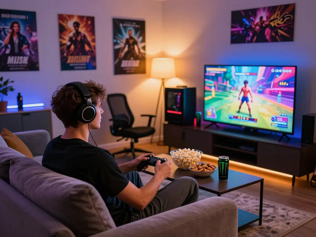 In-home gaming scene featuring a young man playing a porn game on a TV screen