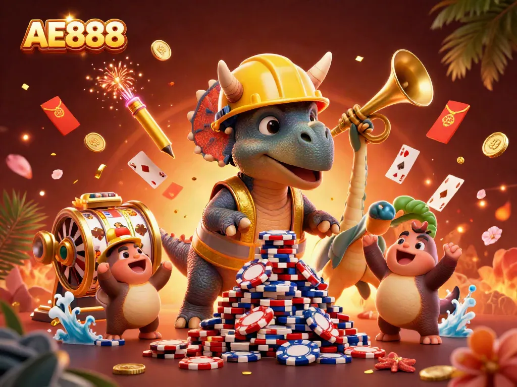 Experience AE888's exciting gambling scene with vibrant characters celebrating a poker chips pyramid.