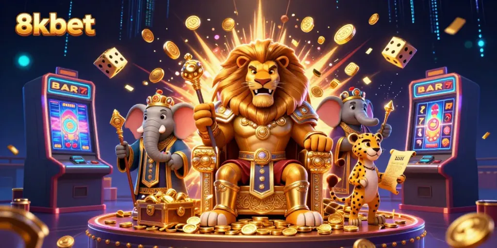 Experience the excitement of 8xbet with a vibrant casino illustration featuring roaring lion king and gaming elements.
