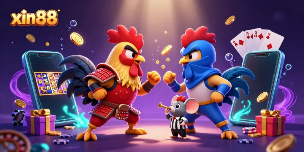 Engage with xin88's thrilling experience featuring battling cartoon roosters in an energetic casino scene.