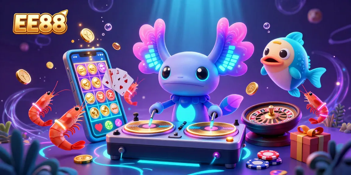 Engage in thrilling gameplay at EE88 with a vibrant underwater casino scene featuring a neon axolotl DJ.