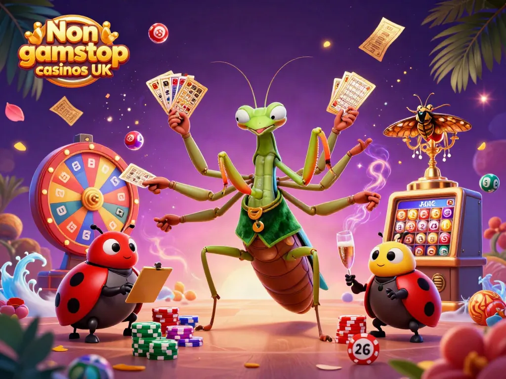 Engaging scene of Non gamstop casinos UK with a vibrant praying mantis dealer and ladybug pit boss.