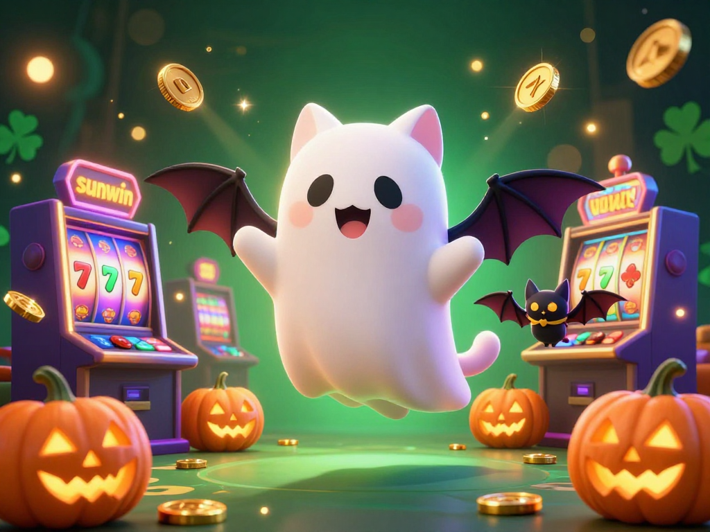 Experience the excitement of sunwin with a lively 3D ghost cat and slot machines in a haunted casino.