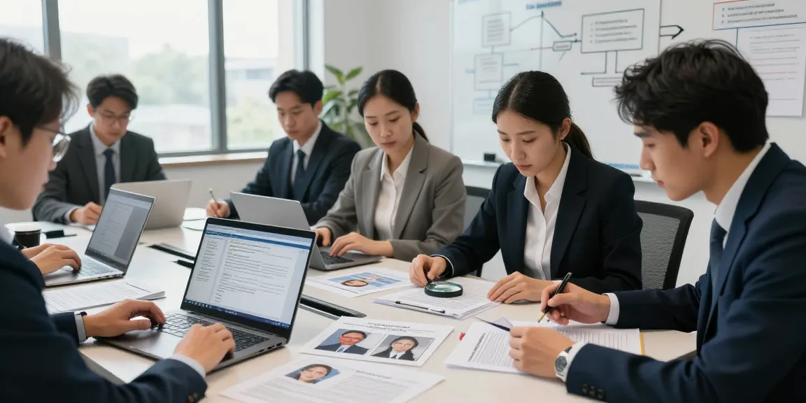 Collaborative team analyzing document fraud detection methods in a professional office