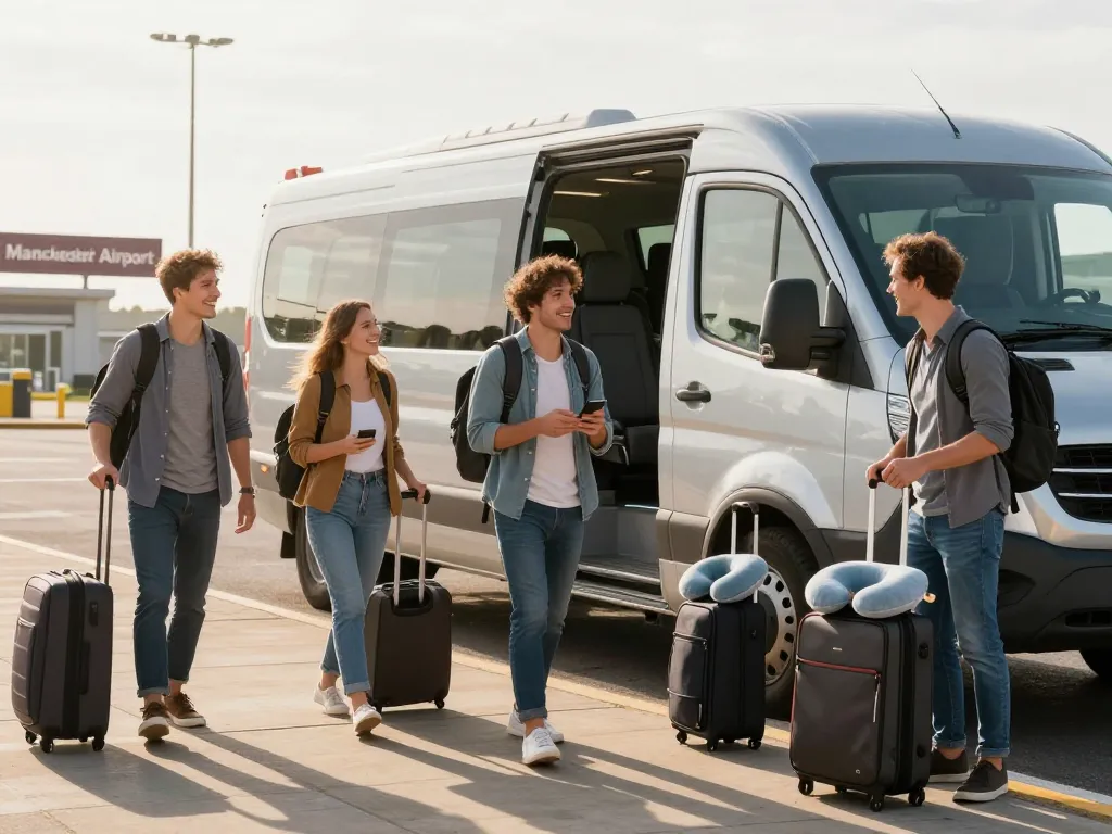 Group of travelers loading luggage onto a minibus to Manchester Airport, showcasing excitement for their journey.