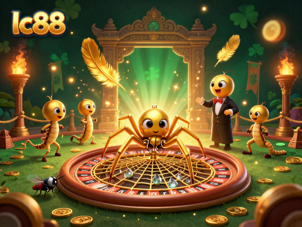Engage with lc88's thrilling gaming experience featuring a golden spider and roulette wheel.