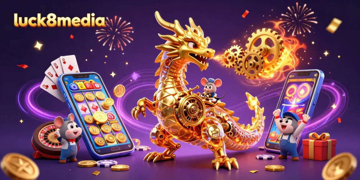 Experience the excitement of luck8media with a vibrant 3D illustration of a dragon amidst casino elements.