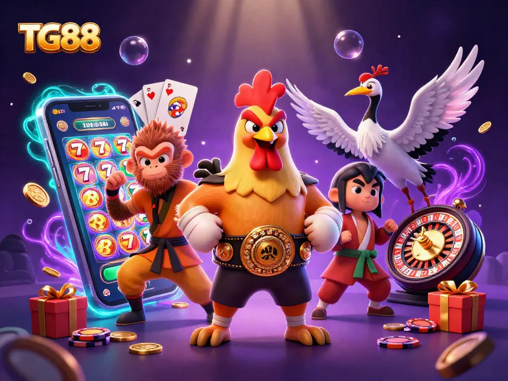 Experience thrilling gaming with TG88's vibrant slots and action-packed characters in an engaging casino scene.