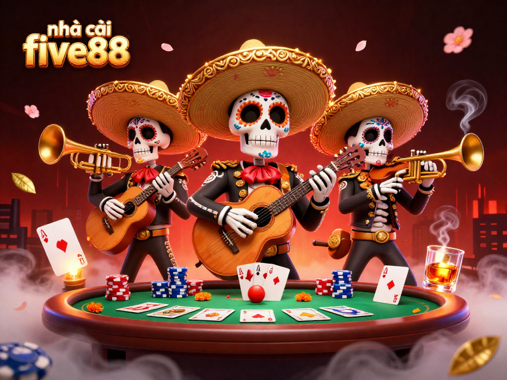 Experience thrilling moments at nhà cái five88 with a vibrant 3D illustration of a mariachi band, poker elements, and more.