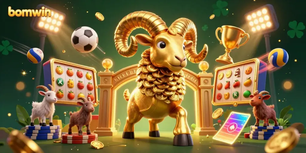 Experience the thrill with bomwin as a golden ram charges through a dazzling slot machine scene.