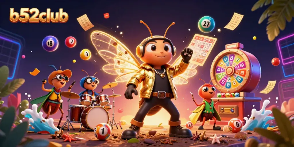 Witness the vibrant scene of b52club, where a cartoon cicada rock star shines amidst colorful lottery elements in a lively casino.