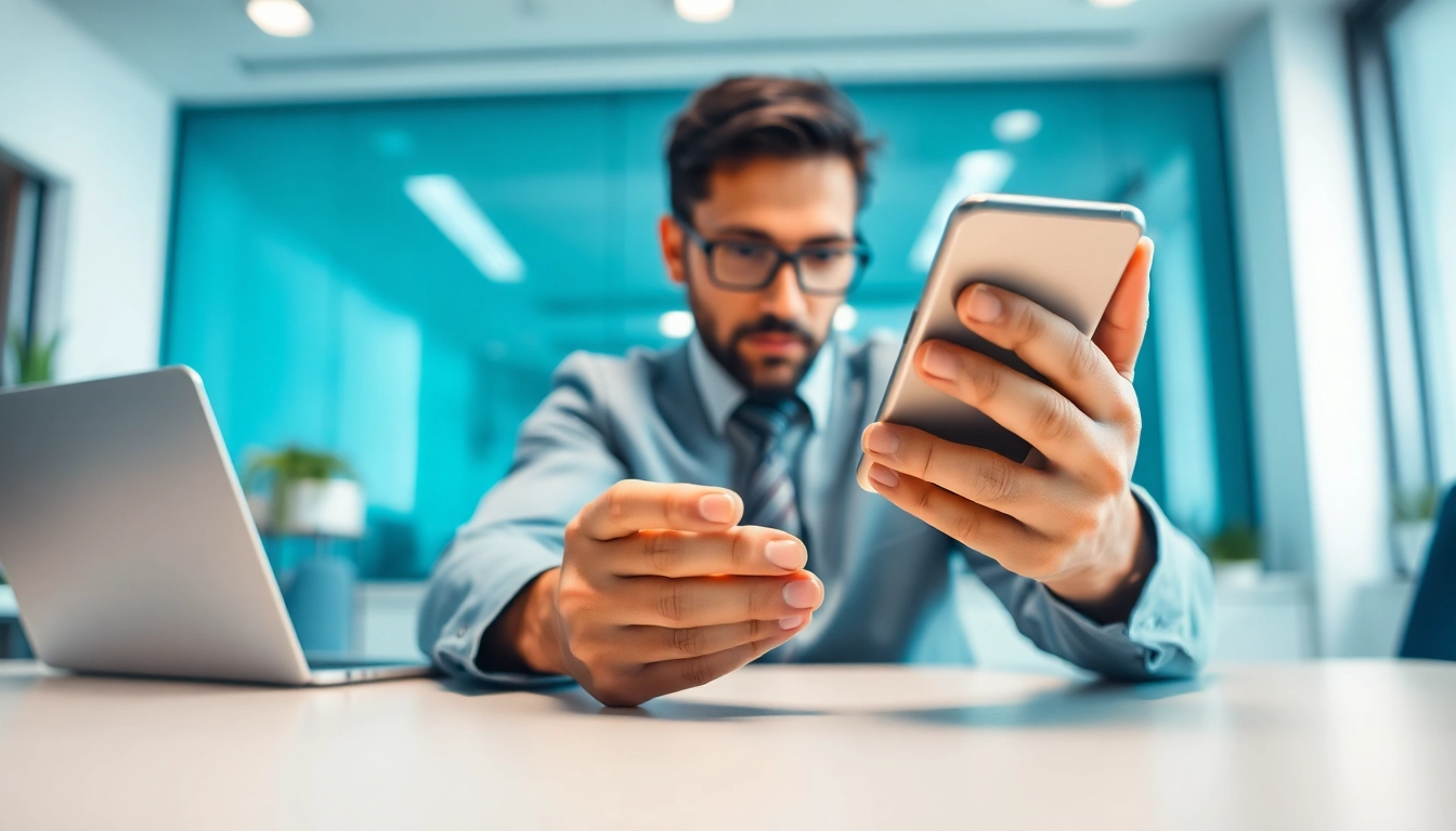 Cash Phone Buyer assessing a smartphone in a modern office.