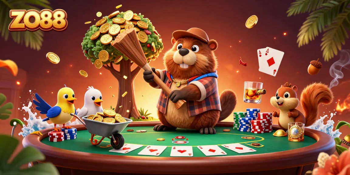 Experience the excitement of ZO88 with a dynamic scene of whimsical characters amidst poker elements and golden coins.