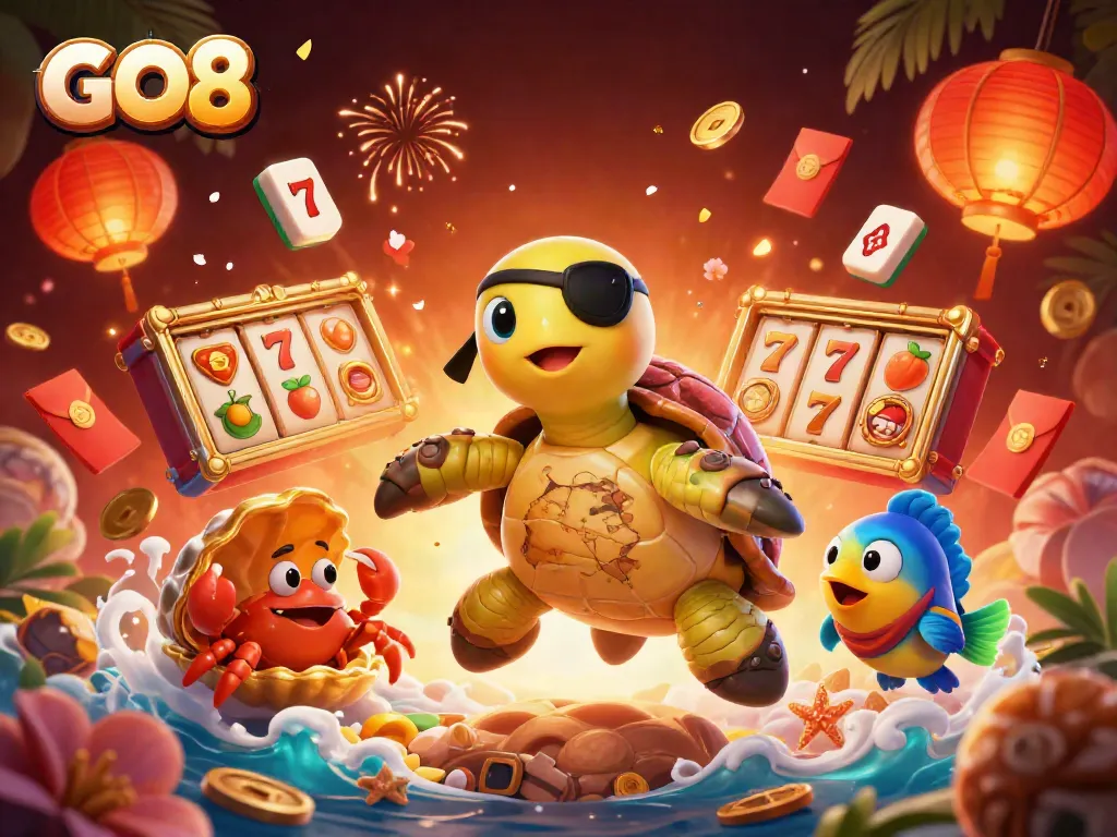 Engage with the GO8 pirate turtle and friends in a vibrant casino-themed scene.