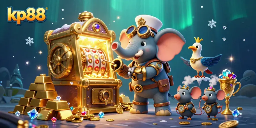 Experience the excitement of kp88 with a steampunk elephant at a golden slot machine surrounded by treasures.