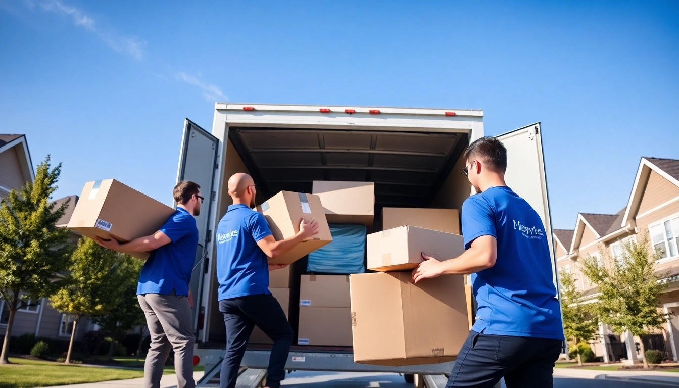 Long distance movers Calgary loading furniture into a truck on a sunny day in a residential area.