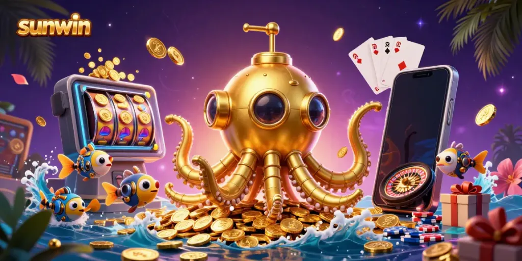 Experience the thrill of sunwin with a dynamic 3D illustration featuring a golden kraken submarine amidst golden coins.