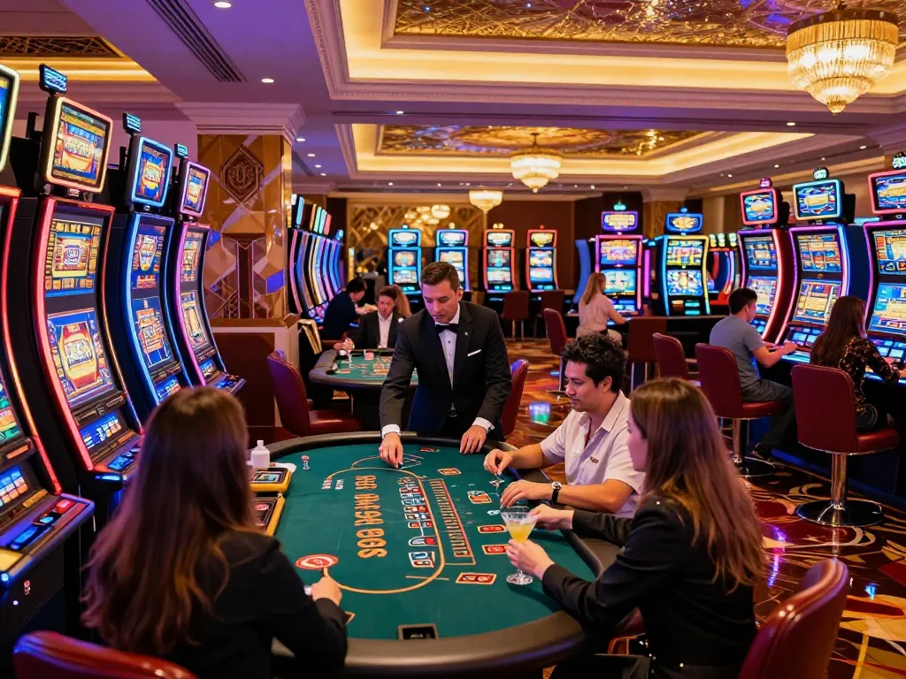 May88sss showcases players engaged at a luxurious casino with vibrant slot machines.