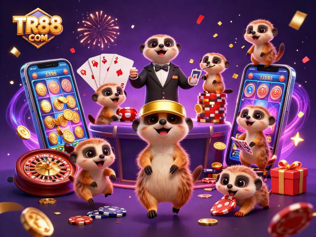 Experience excitement at TR88 COM with meerkats managing their vibrant casino, showcasing slot machines and celebrations.