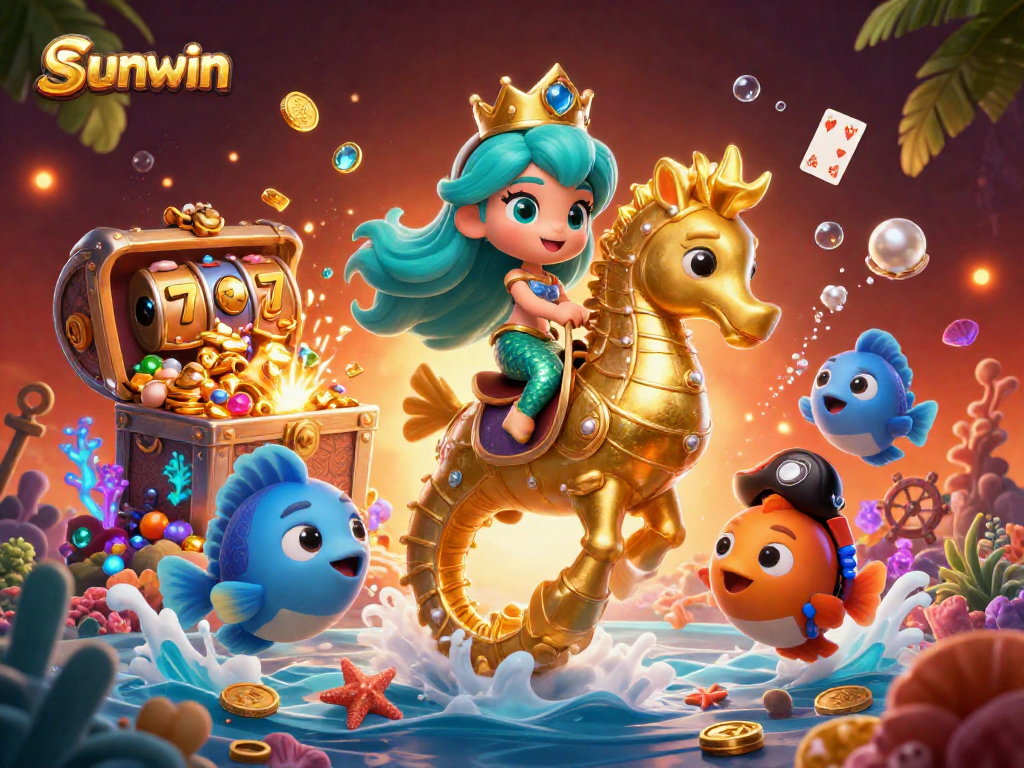 Experience the excitement of sunwin casino with a vibrant underwater themed 3D illustration featuring a mermaid princess and treasures.