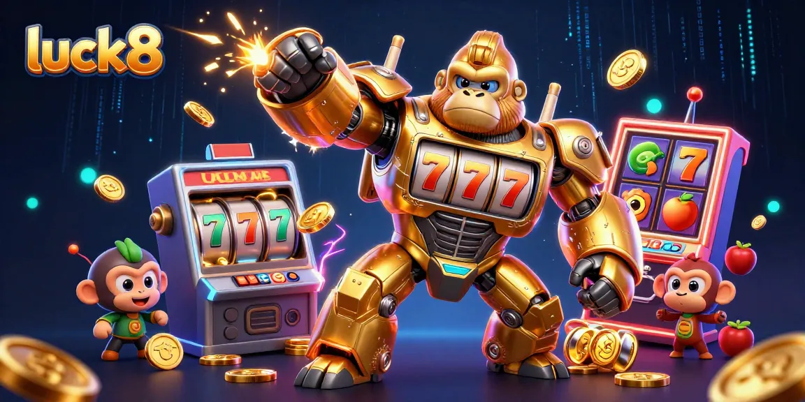luck8 transforms the gambling experience with captivating visuals of a golden gorilla mech smashing winning slots and coins.