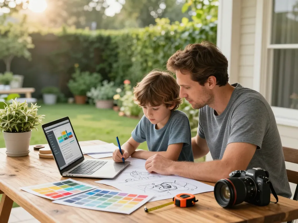 Veranda configurator in use as a family designs their dream outdoor space with digital tools and design elements.