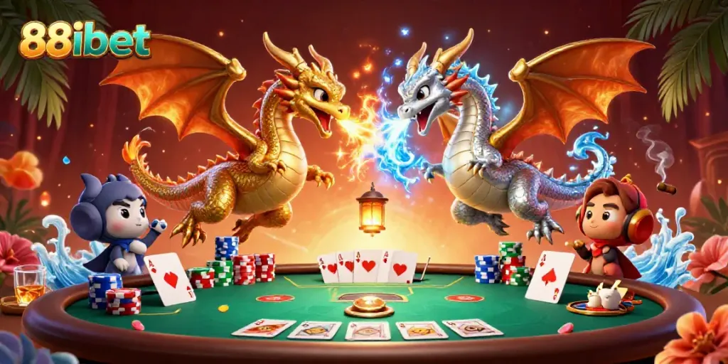 Unleash your luck with 88ibet's vibrant gaming scene featuring gold and silver dragons.