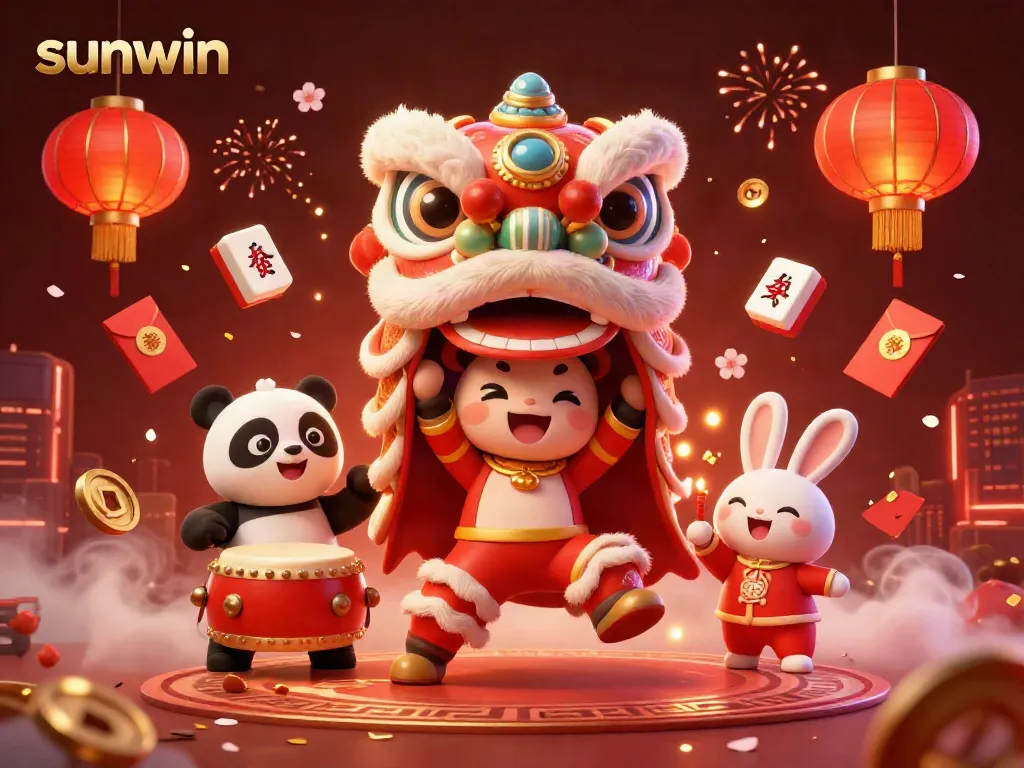 Experience sunwin's vibrant casino atmosphere with a Chinese lion dance, drumming panda, and festive game elements.