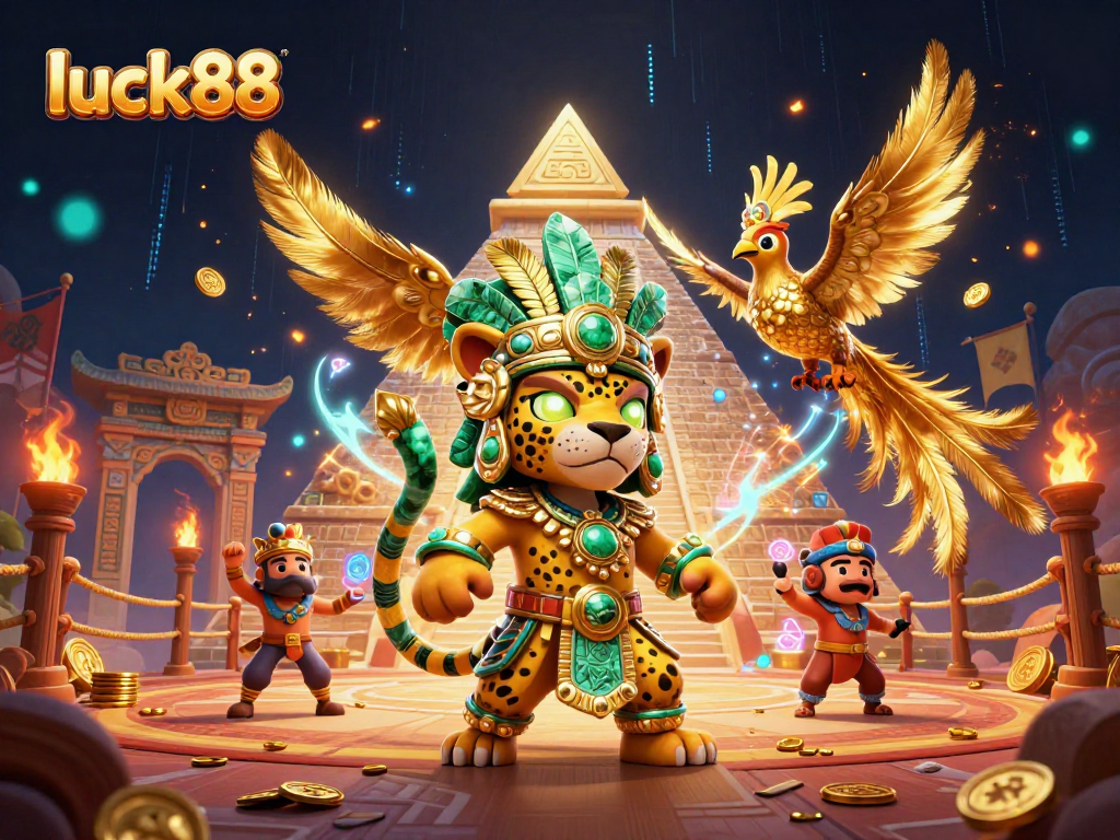 Experience the thrill of luck88 as the Mayan jaguar priest unveils golden rewards in a vibrant casino scene.
