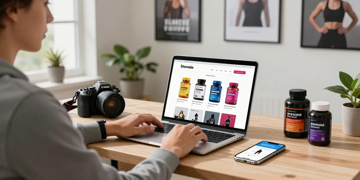 Steroide Boutique online shopping experience showcasing fitness products in a stylish home office setup.