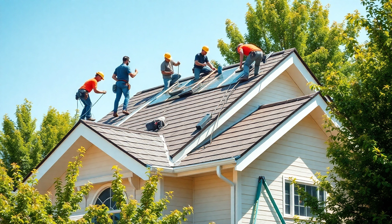 Experienced roofing company workers installing a new roof, displaying teamwork and professionalism.