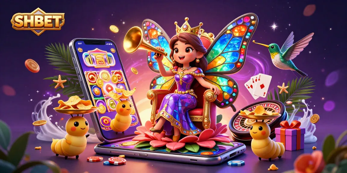 Experience the thrill of winning with SHBET's colorful casino game scene featuring a butterfly queen.