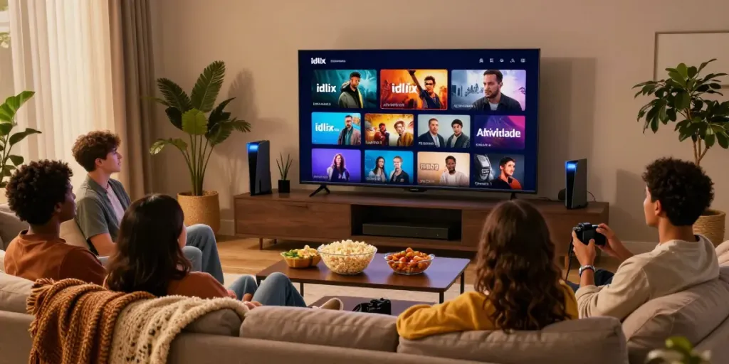 Friends enjoying a movie night with idlix in a cozy living room setting.