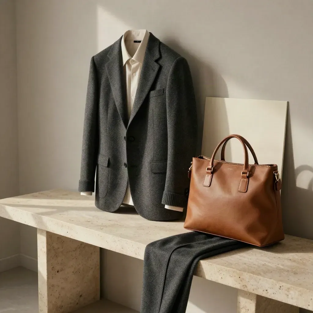 Tailored blazer, ivory shirt, charcoal trousers and leather bag on a stone console in soft daylight.