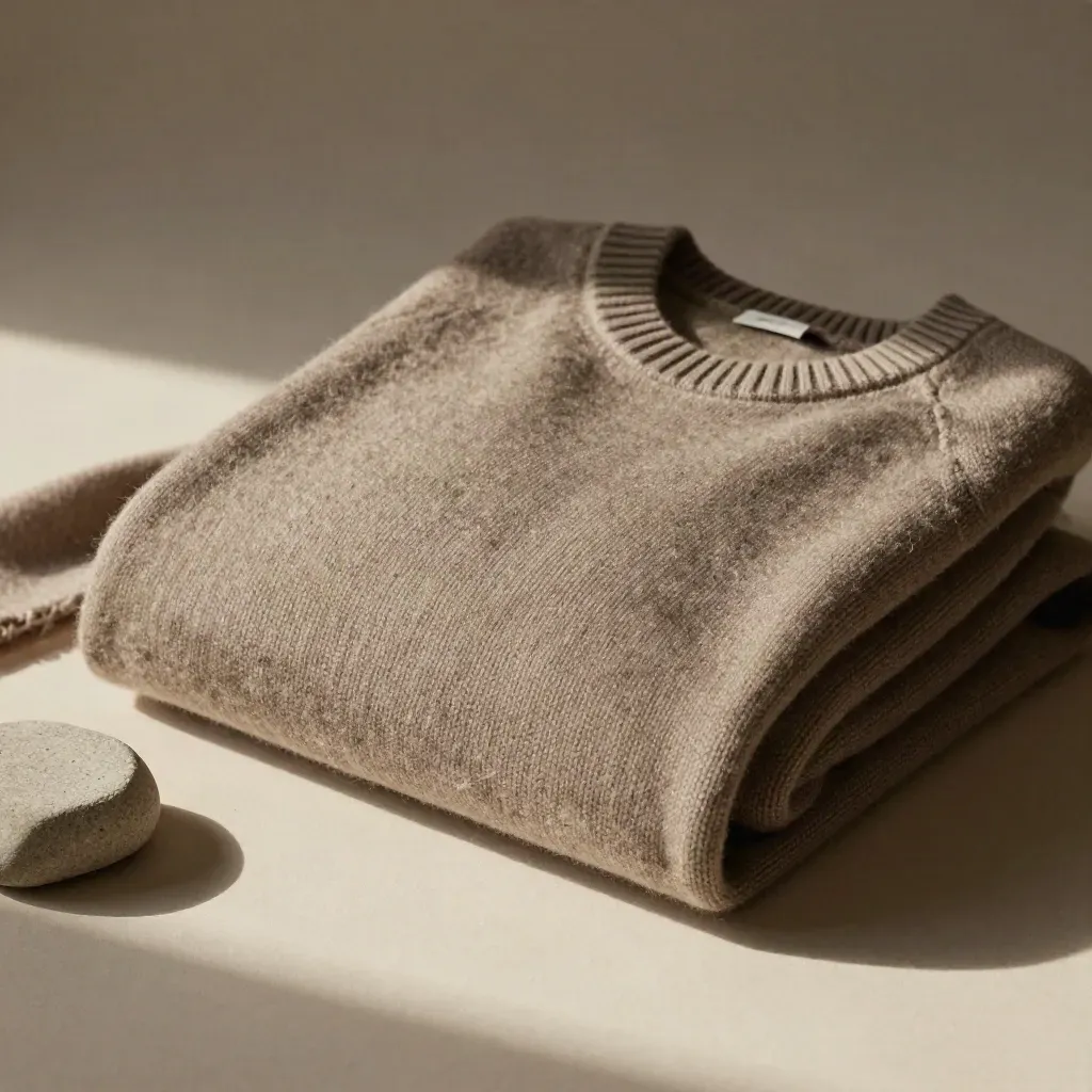 Taupe merino knit folded with scarf edge and stone block, top-down close-up