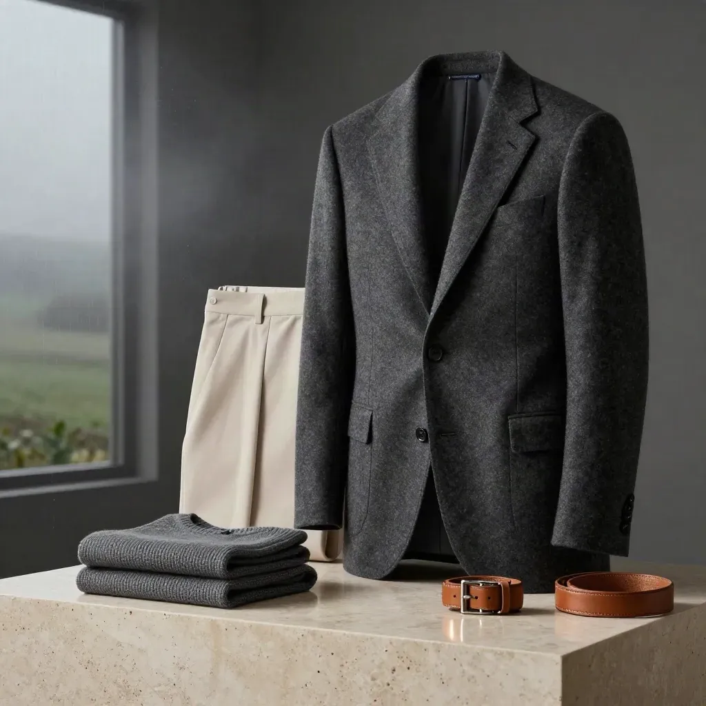 Charcoal marl blazer with ivory shirt, wool trousers, knit and belt on limestone in dramatic studio light