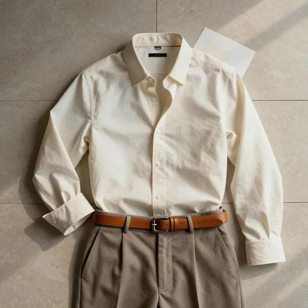 Overhead flat lay of an ivory oxford shirt with belt and trouser edge on pale stone.