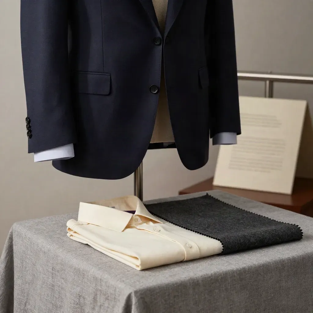 Tailored navy blazer with shirt cuff on a linen plinth, softly lit in a clean fashion studio