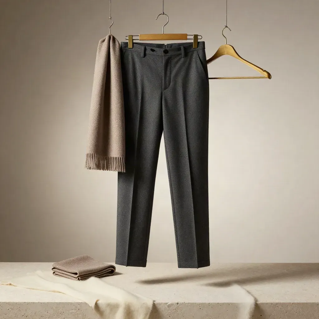 Charcoal wool trousers hang above a pale stone plinth with a taupe scarf and brass accent, studio-lit.