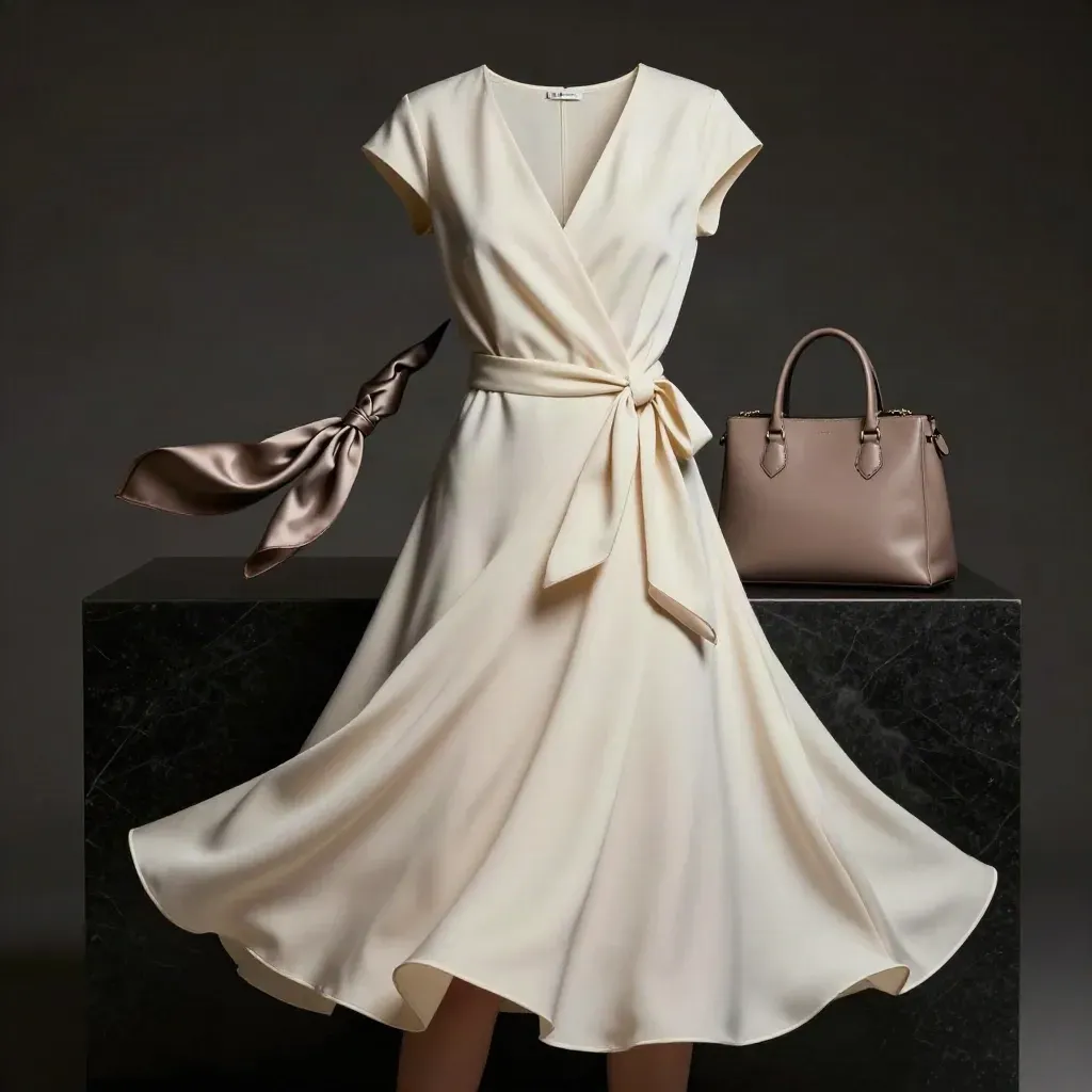 Ivory wrap dress with taupe scarf and leather bag on a dark studio plinth.