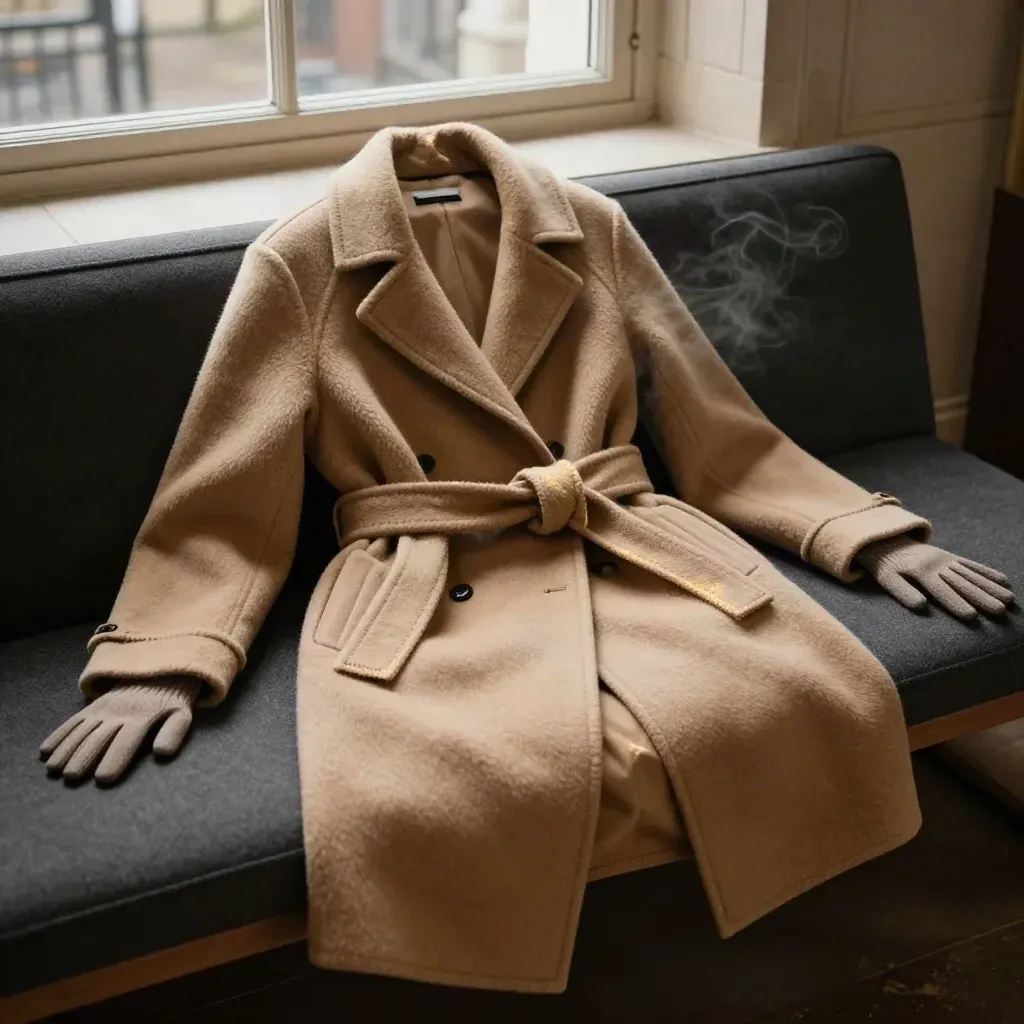 Camel wrap coat with knit layer, gloves and scarf on a charcoal bench in soft window light.