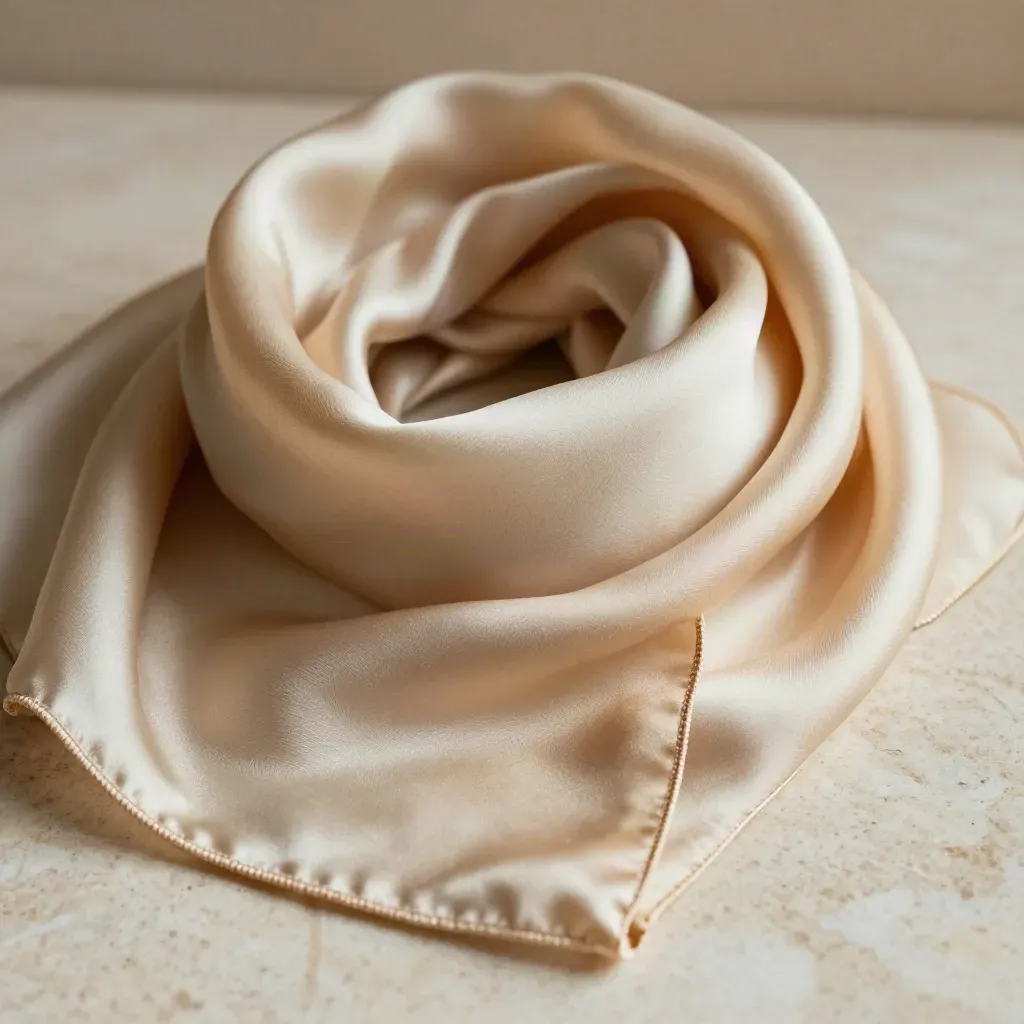 Macro of a soft gold and ivory silk scarf with blazer cuff and chain on pale stone