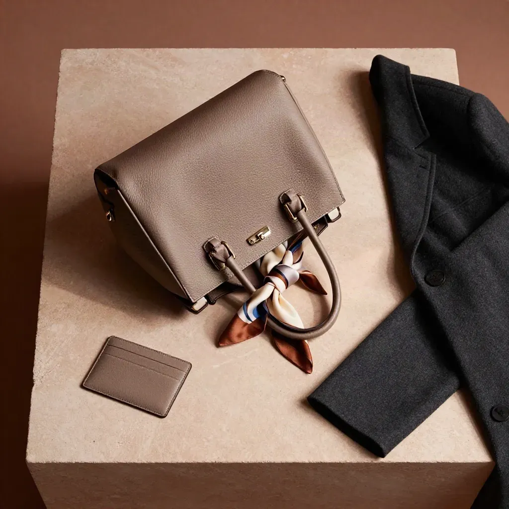 Taupe leather top-handle bag with scarf knot, card case and coat cuff on a terracotta slab.
