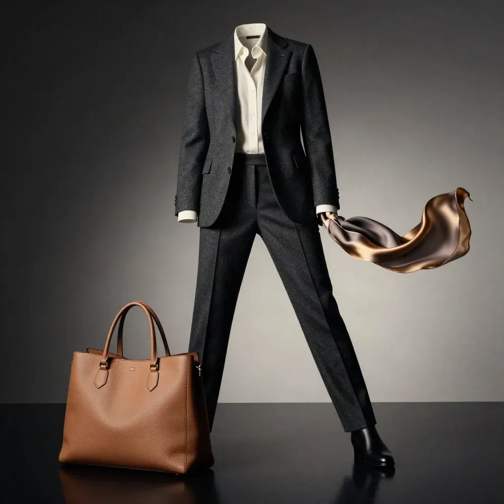 Dramatic workwear outfit with blazer, shirt, trousers, bag and scarf on a black studio surface.