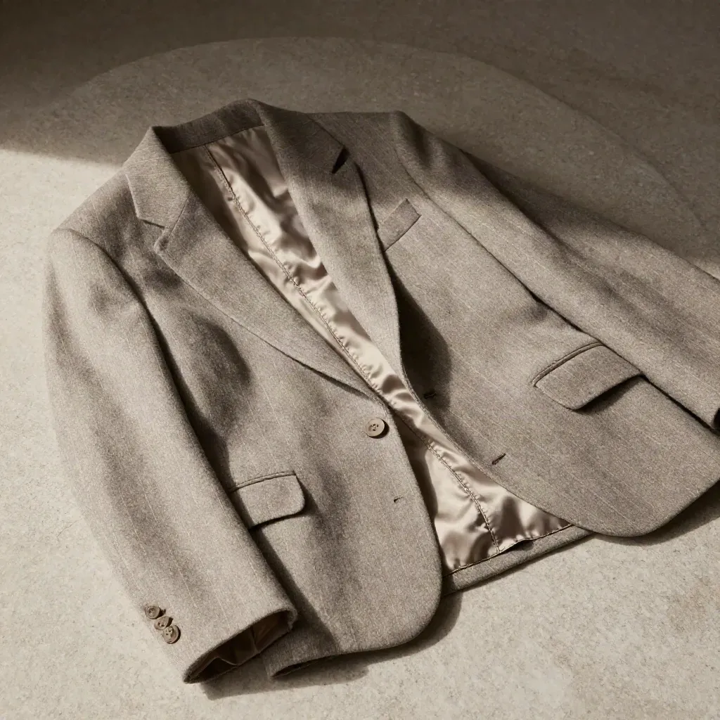 Macro of a pinstripe wool blazer on stone, with lining and seam detail.