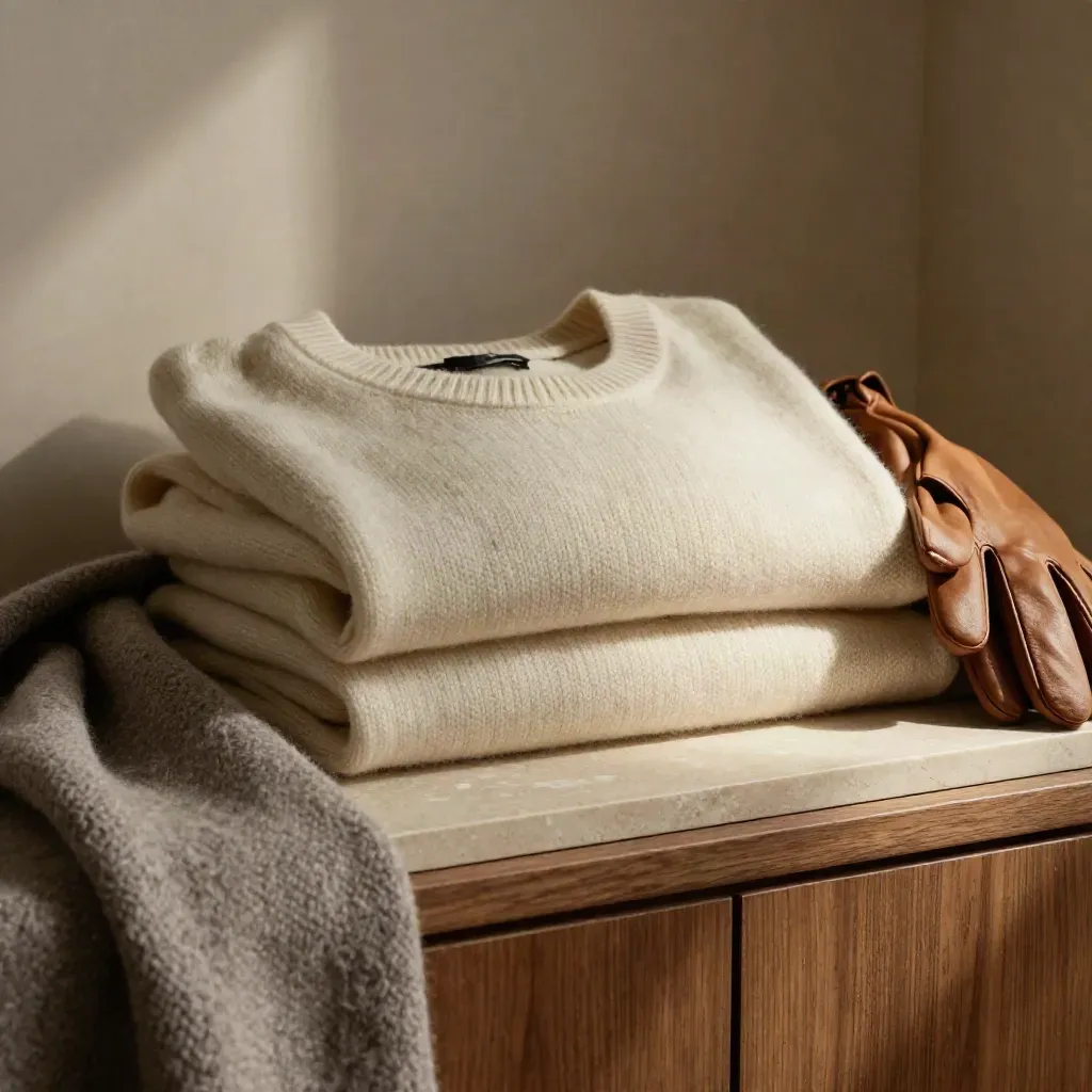 Ivory cashmere crew neck folded with scarf and leather gloves on a limestone shelf