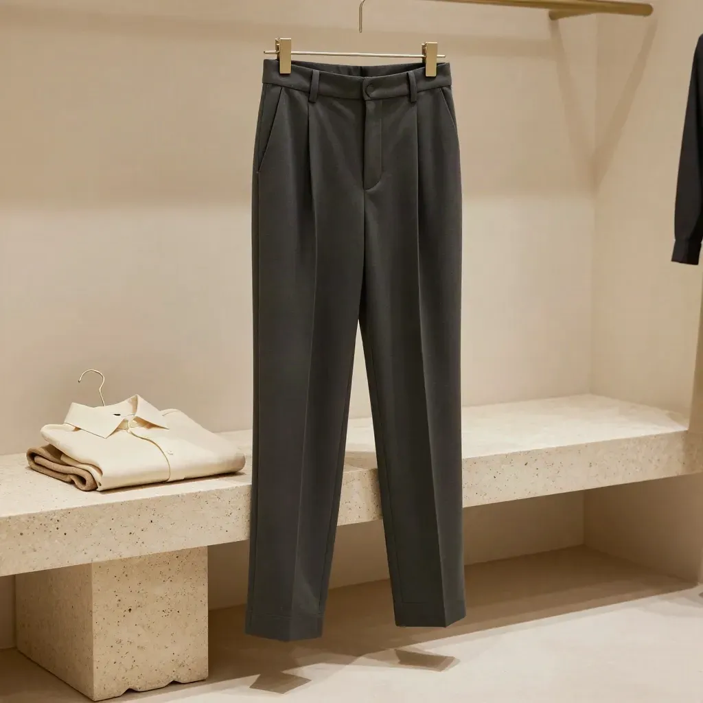 Charcoal pleat-front trousers styled on a travertine bench with gold accent and soft knit nearby.