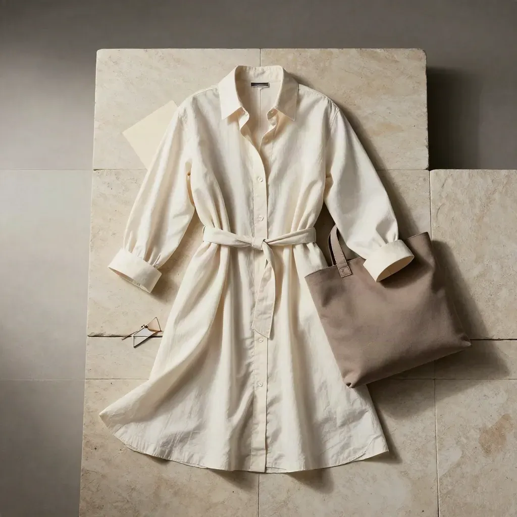 Ivory poplin shirt dress flatlay with scarf, tote edge and soft steam on pale stone.