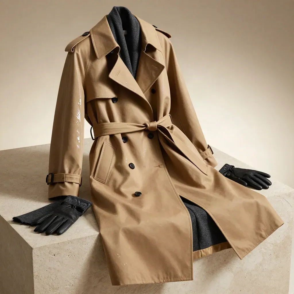 Camel trench coat folded on stone with gloves and scarf, showing rain-sheened fabric detail.