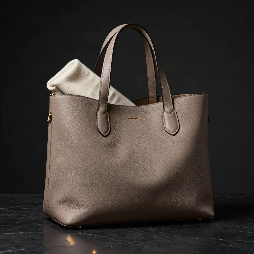 Taupe structured tote bag with knit and slim case on a dark studio surface